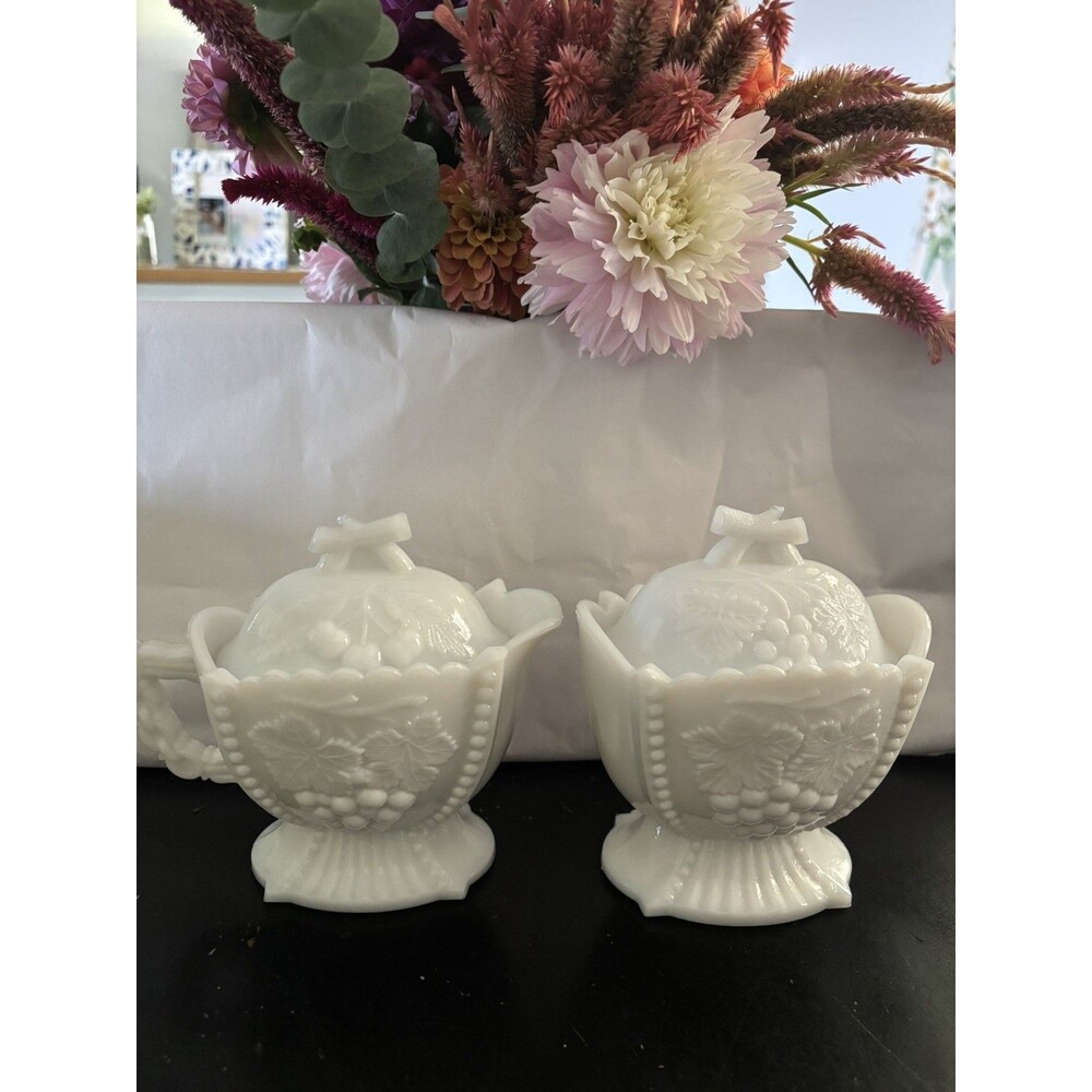 Westmoreland Milk Glass Creamer and Sugar Set Lidded Vintage “Cherry & Grape”